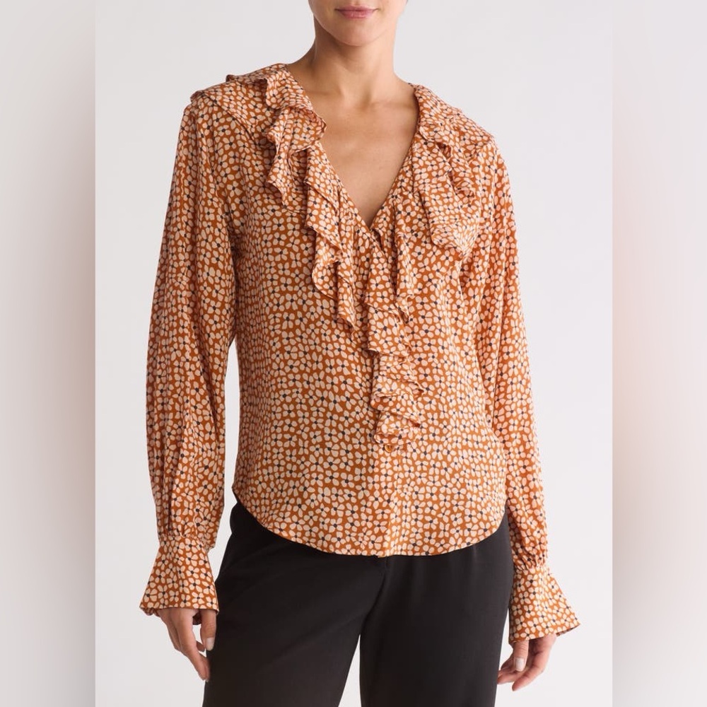 Equipment Silk Rust and White Ruffle-Front button down Blouse